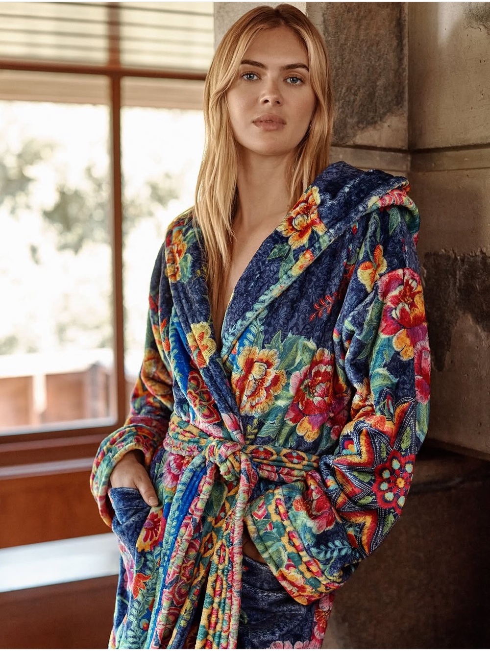 Johnny Was Navy Multicolor Floral Plush Hooded Robe